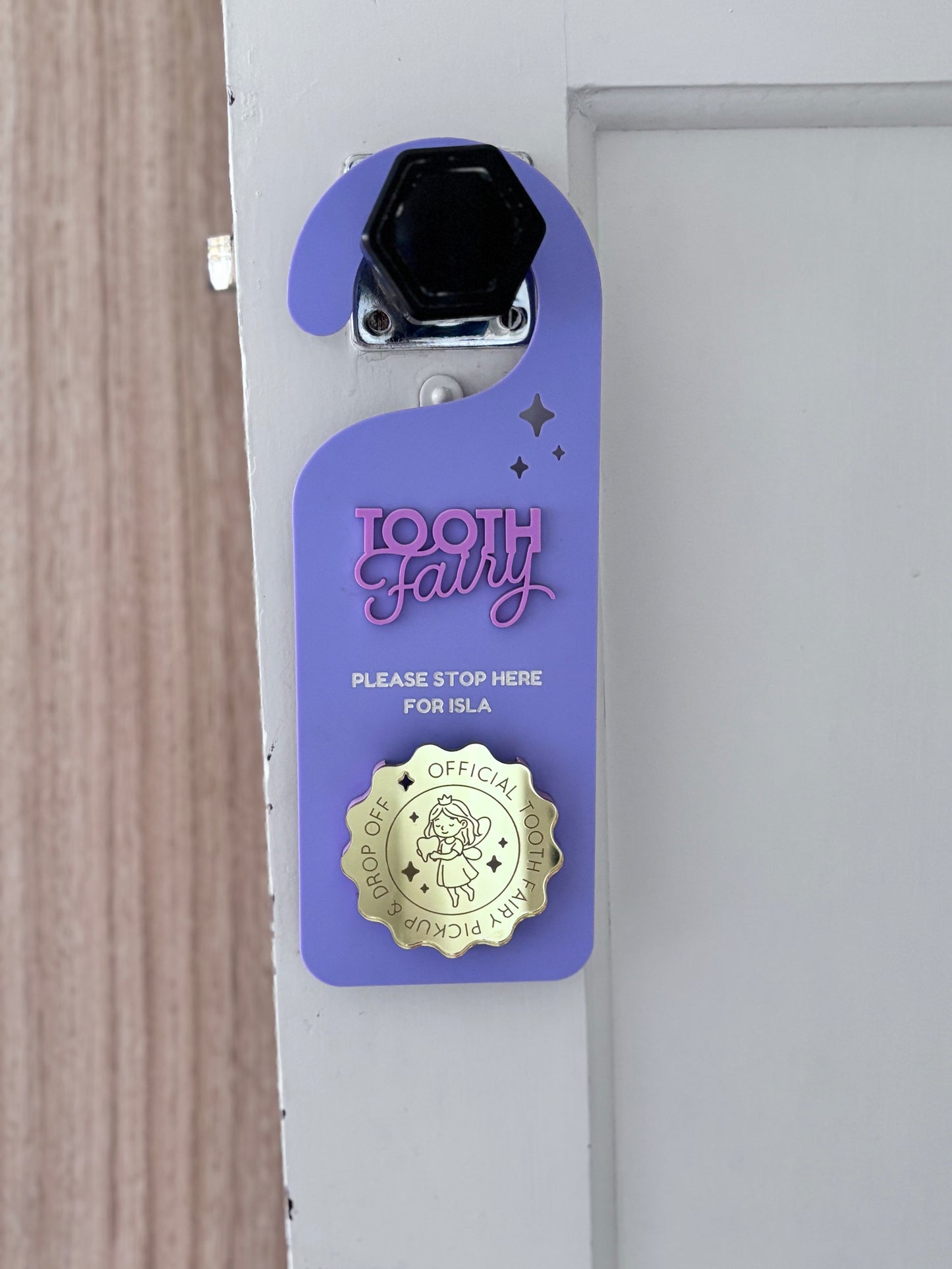 Personalised Wood Finish Tooth Fairy Pickup & Drop off Door Hanger