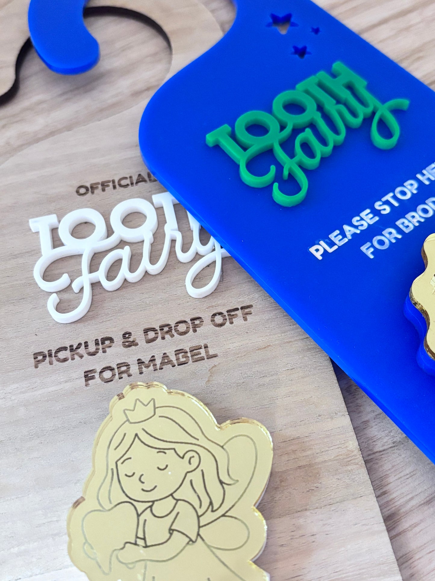 Personalised Wood Finish Tooth Fairy Pickup & Drop off Door Hanger