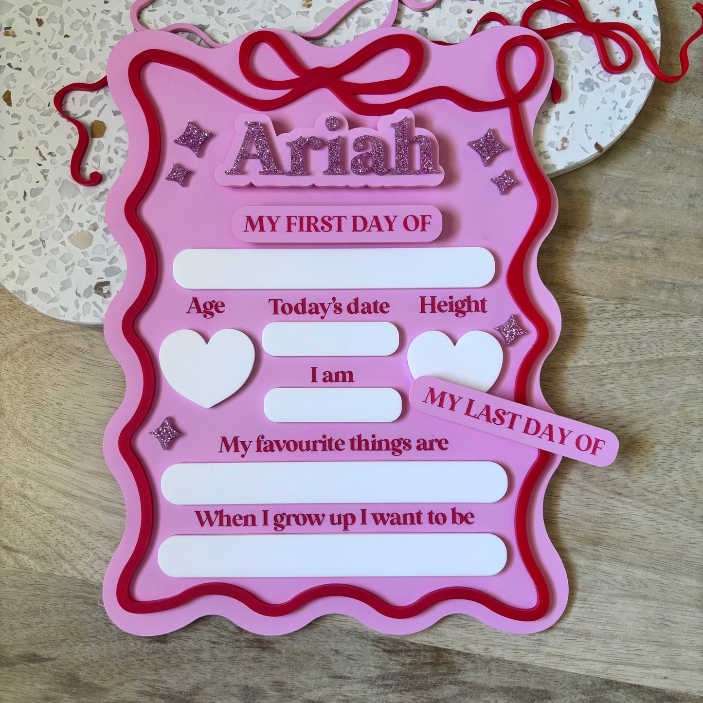 First & Last Day Rectangle Heart Bow Star Board