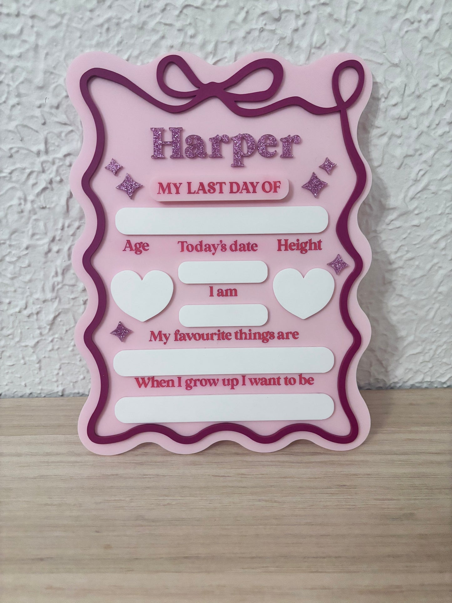 First & Last Day Rectangle Heart Bow Star Board