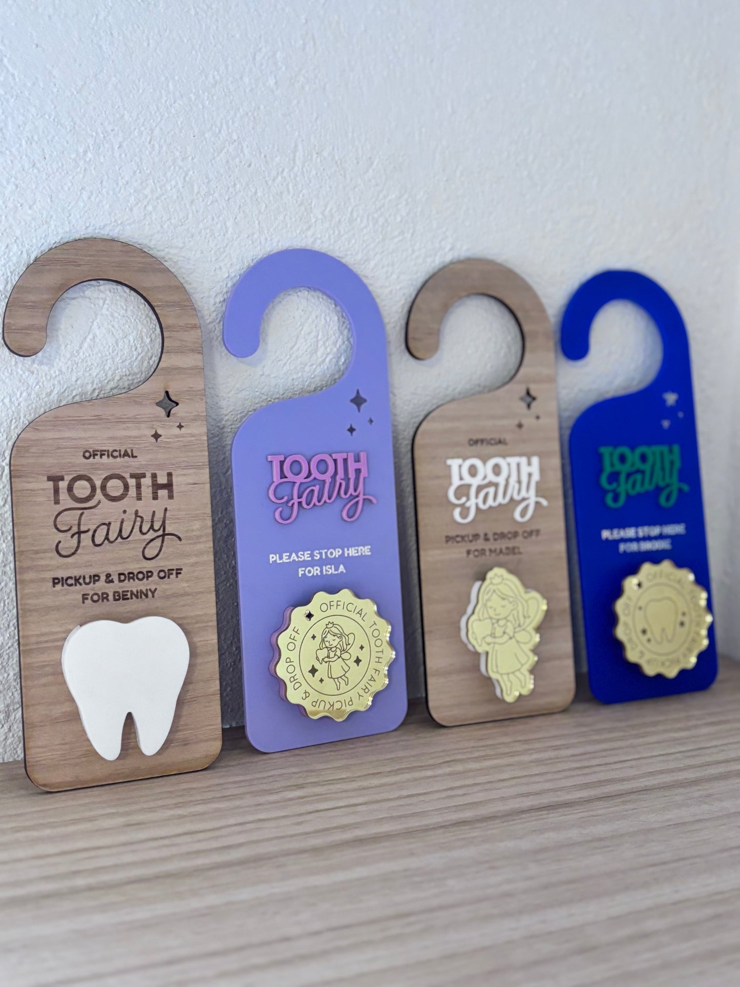 Personalised Wood Finish Tooth Fairy Pickup & Drop off Door Hanger