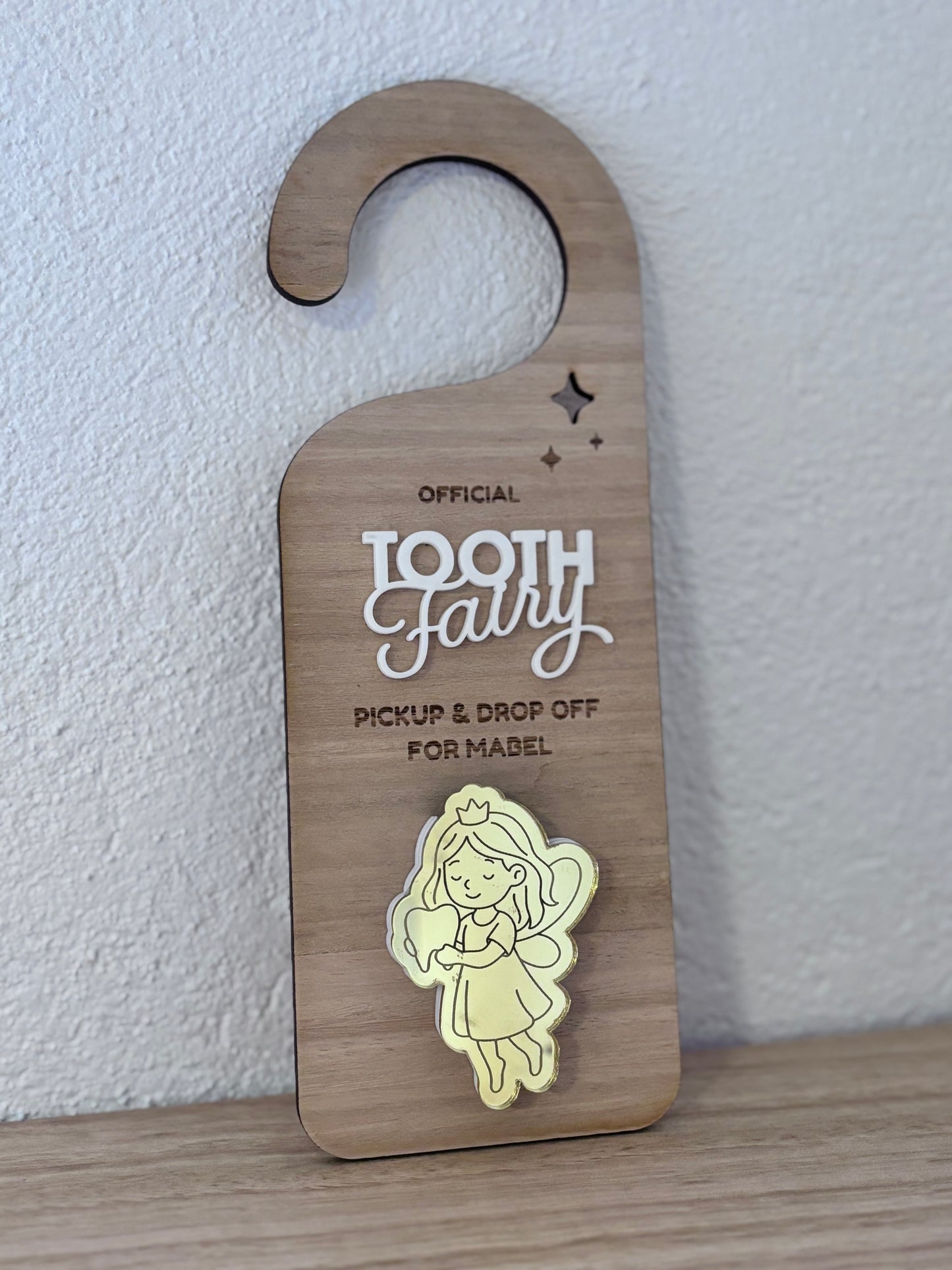 Personalised Wood Finish Tooth Fairy Pickup & Drop off Door Hanger