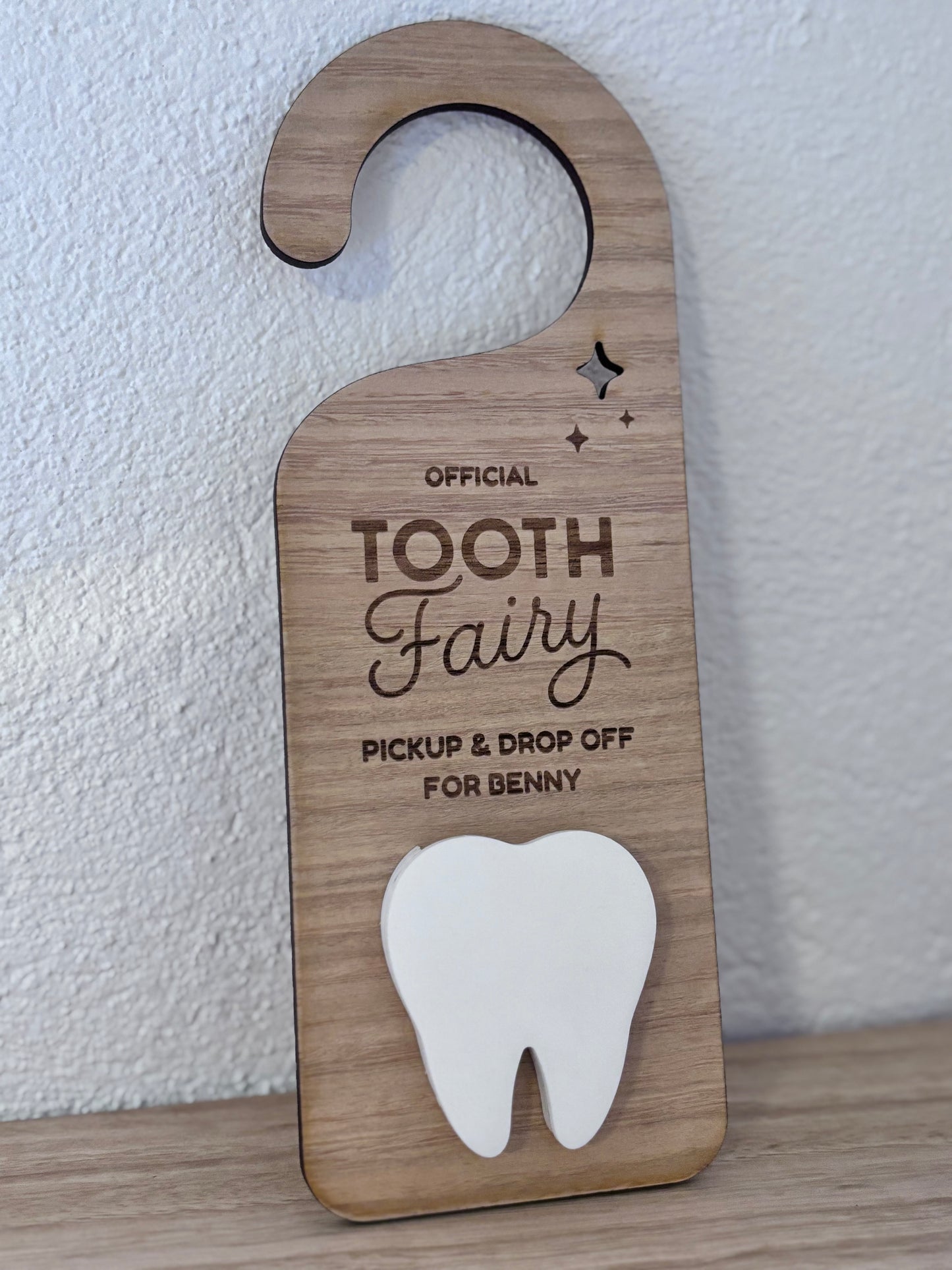 Personalised Wood Finish Tooth Fairy Pickup & Drop off Door Hanger
