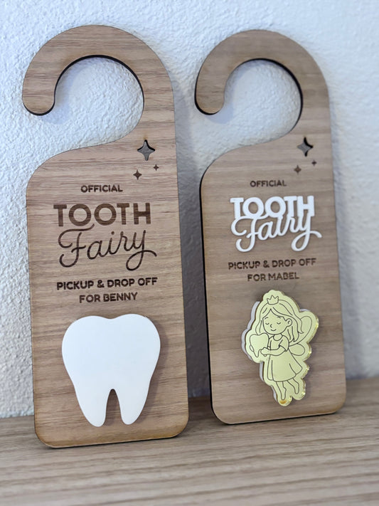 Personalised Wood Finish Tooth Fairy Pickup & Drop off Door Hanger