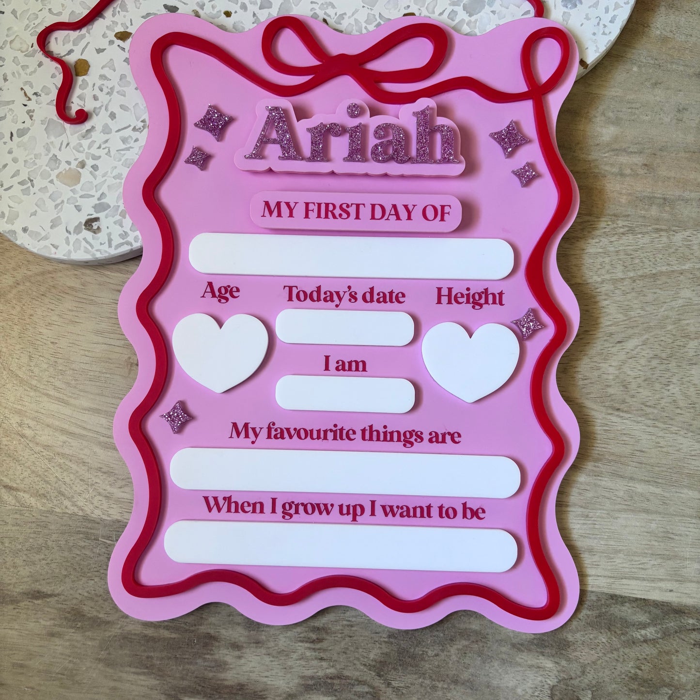 First & Last Day Rectangle Heart Bow Star Board